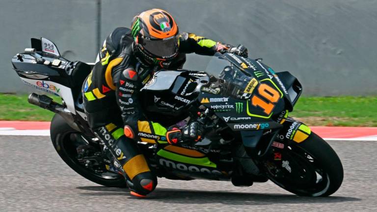 Mooney VR46 Racing’s Italian rider Luca Marini steers his bike during the first free practice session ahead of the Indian MotoGP Grand Prix at the Buddh International Circuit in Greater Noida on the outskirts of New Delhi, on September 22, 2023/AFPPix