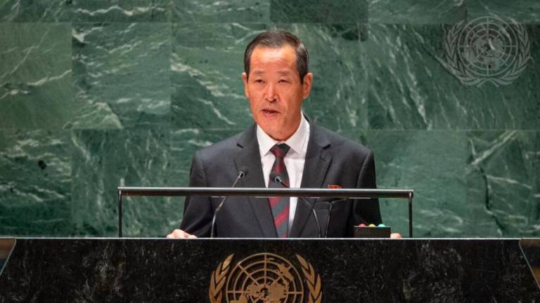 North Korea’ Ambassador to the UN, Kim Song, addresses the 78th United Nations General Assembly at UN headquarters in New York City on September 26, 2023. AFPPIX