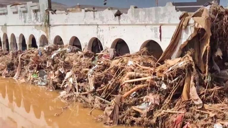 This image grab from footage published on social networks by Libyan al-Masar television channel on September 13 shows a general view of destruction in the wake of floods after the Mediterranean storm “Daniel” hit Libya’s eastern city of Derna/AFPPix