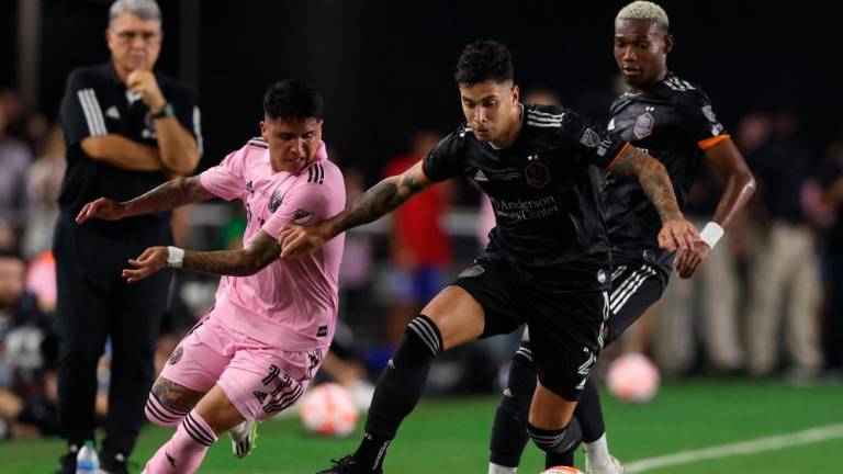 Facundo Farías #11 of Inter Miami and Franco Escobar #2 of Houston Dynamo battle for the ball in the second half during the 2023 U.S. Open Cup Final at DRV PNK Stadium on September 27, 2023 in Fort Lauderdale, Florida/AFPPix