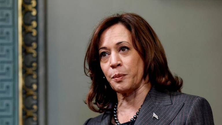 WASHINGTON, DC - MARCH 24: U.S. Vice President Kamala Harris speaks to reporters after participating in a swearing in ceremony for Eric Garcetti as Ambassador to India at the Eisenhower Executive Office Building on March 24, 2023 in Washington, DC. AFPPIX