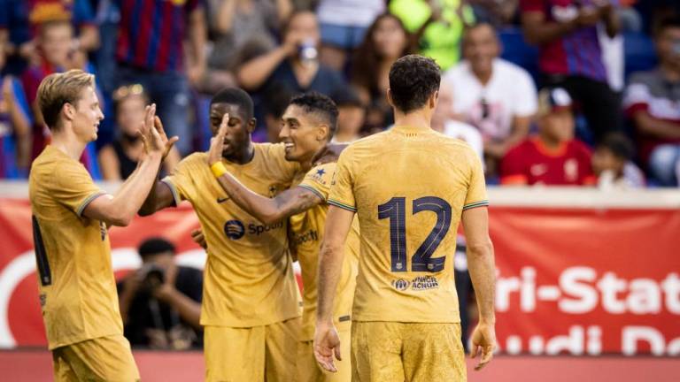 HARRISON, NJ - JULY 30: Ousmane Dembélé #7 of FC Barcelona celebrates his goal in the first half of the preseason Friendly match against New York Red Bulls at Red Bull Arena on July 30, 2022 in Harrison, New Jersey. AFPPIX