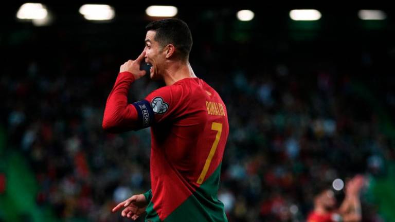 Portugal's forward Cristiano Ronaldo reacts during the UEFA Euro 2024 qualification match between Portugal and Liechtenstein at the Jose Alvalade stadium in Lisbon on March 23, 2023. AFPPIX