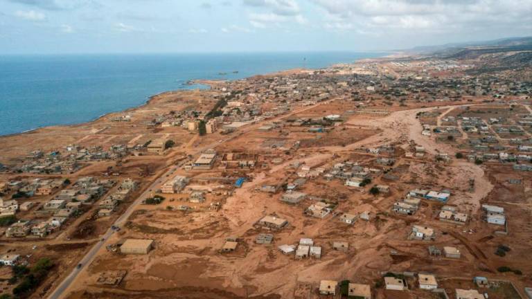An aerial view shows Libya’s eastern city of Soussa on September 21, 2023, days following deadly flash floods. The official death toll from the disaster stands at more than 3,300 -- but the eventual count is expected to be far higher, with international aid groups giving estimates of up to 10,000 people missing/AFPPix