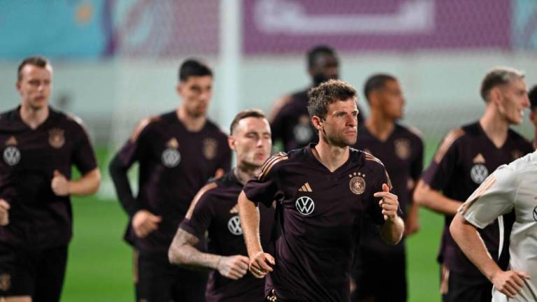 Germany’s forward Thomas Mueller takes part in a training session at Al Shamal Stadium in Al Shamal, north of Doha on November 25, 2022, during of the Qatar 2022 World Cup football tournament. AFPPIX