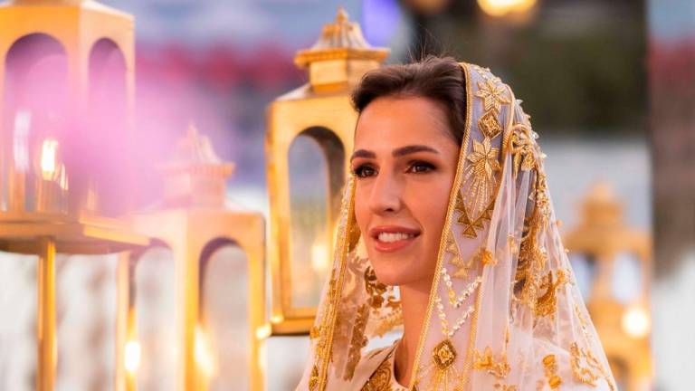 A handout picture released by the Press Service of Jordanian Queen Rania, shows Saudi fiancée Rajwa al-Saif during a pre-wedding dinner party in Amman on May 22, 2023/AFPPix