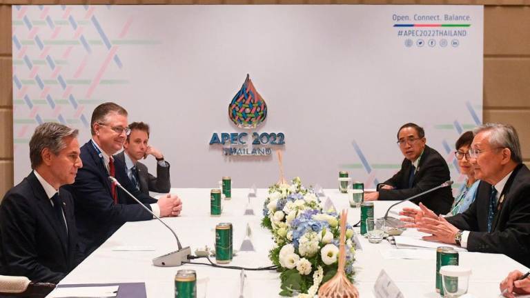 U.S. State Secretary Antony Blinken (L) attends a bilateral meeting with Thailand’s Deputy Prime Minister and Foreign Minister Don Pramudwinai (R) on the sidelines of the APEC summit, in Bangkok, on November 17, 2022. AFPPIX