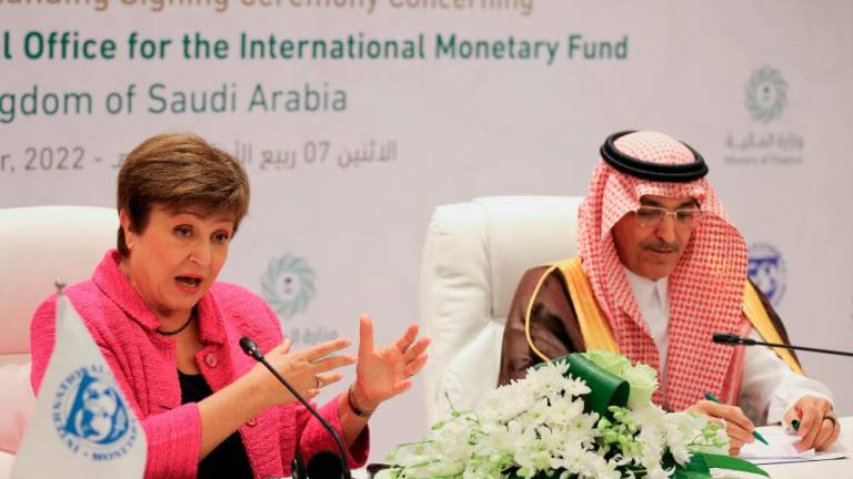Georgieva and Saudi Finance Minister Mohammed Bin Abdullah Al-Jadaan at the conference on food security in Riyadh, Saudi Arabia on Monday, Oct 3. – Reuterspix