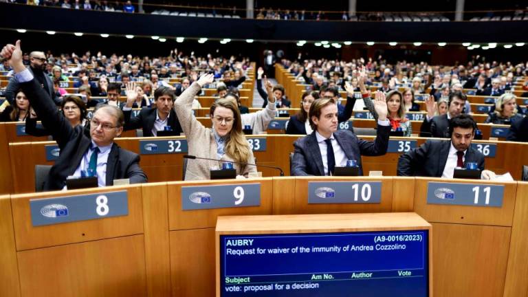 Euro-deputies vote a request for waiver of the immunity of MEPs Marc Tarabella of Belgium and Italian Andrea Cozzolino as part of a probe into alleged bribery by Qatar and Morocco during a session at EU Parliament in Brussels on February 2, 2023. AFPPIX