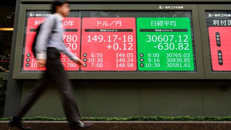 A pedestrian walks past an electronic signboard showing the numbers on the Tokyo Stock Exchange and the yen in central Tokyo yesterday. The speed of the global bond rout sparked alarm across equity markets and drove the safe-haven dollar to its highest in months against the euro, pound and yen. – AFPpic