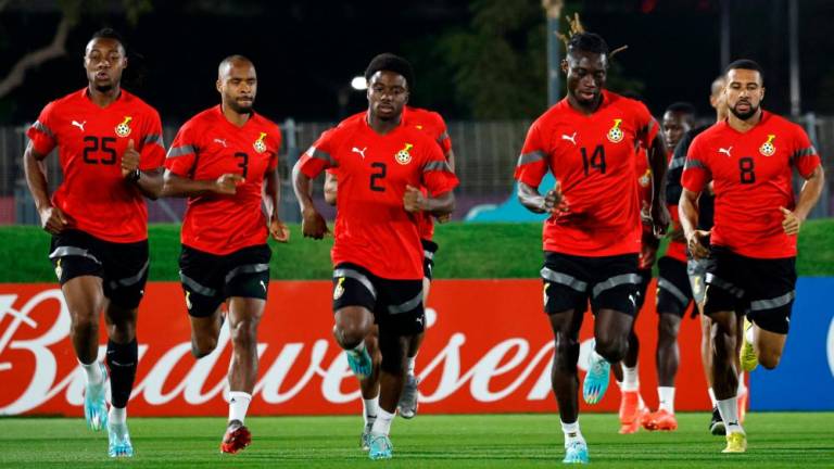 Ghana’s players take part in a training session at the Aspire Zone Doha in Doha on December 1, 2022, on the eve of the Qatar 2022 World Cup football match between Ghana and Uruguay. AFPPIX