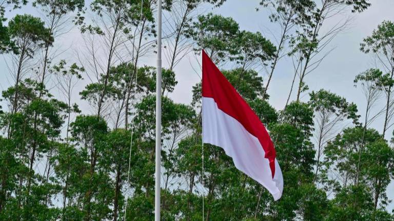 The Indonesian flag is raised during a ceremony at ground zero of Indonesia's future capital in Sepaku, Penajam Paser Utara, East Kalimantan on August 17, 2022, on the country's 77th Independence Day. - AFPPIX