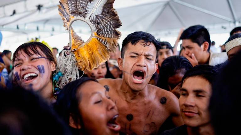 Brazilian Xokleng Indigenous people celebrate after a majority on Brazil's Supreme Court voted against the so-called legal thesis of 'Marco Temporal' (Temporal Milestone), in Brasilia, Brazil September 21, 2023. REUTERSPIX