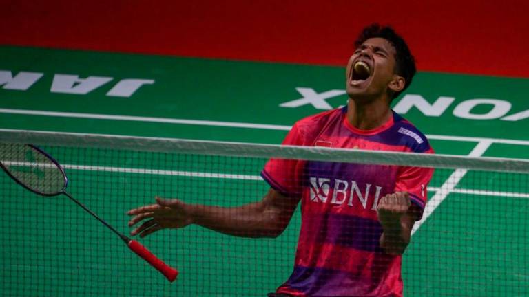Indonesia’s Chico Aura Dwi Wardoyo reacts as he won against Canada’s Brian Yang during their men’s singles quarterfinal match of the Daihatsu Indonesia Masters 2023 in Jakarta on January 27, 2023. AFPPIX