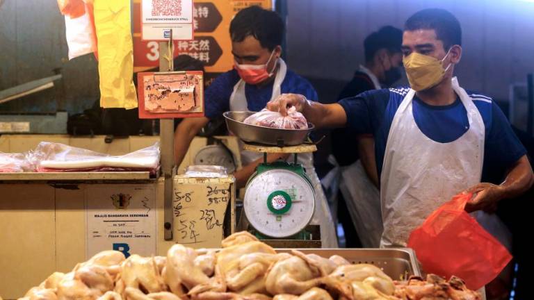 SEREMBAN, May 23 - Workers of fresh chicken stalls weighing chicken pieces ordered by customers at the Seremban Central Market. BERNAMAPIX
