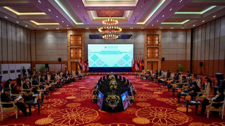 A general view shows Asean foreign ministers meeting with Asean Intergovernmental Commission on Human Rights (AICHR) representatives during the 55th Asean Foreign Ministers’ Meeting in Phnom Penh on August 2, 2022. AFPPIX