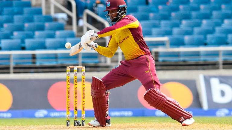 Brandon King, of West Indies, hits 4 during the third and final T20i match between West Indies and New Zealand at Sabina Park in Kingston, Jamaica, on August 14, 2022. AFPPIX