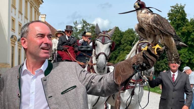 Bavarian Minister for Economics and deputy premier of Bavaria Hubert Aiwanger holds a falcon at Schleissheim palace in Oberschleissheim, Germany, September 3, 2023. REUTERSPIX