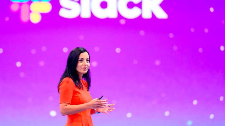 Lidiane Jones, CEO of Slack Technologies, speaks during a keynote at the 2023 Dreamforce conference in San Francisco, California, on September 14, 2023. AFPPIX