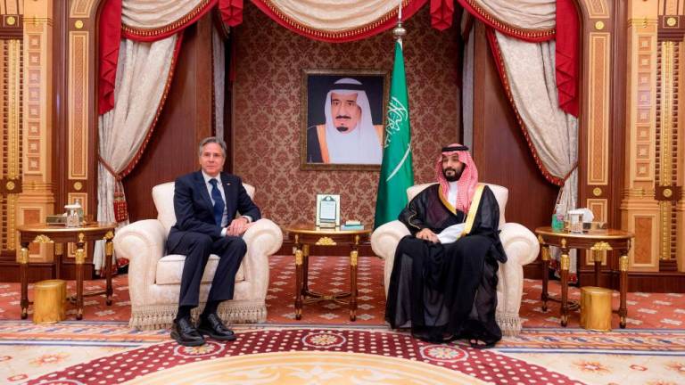 This handout picture provided by the Saudi Royal Palace shows Saudi Crown Prince Mohammed bin Salman (R) meeting with US Secretary of State Antony Blinken in Jeddah on June 7, 2023. AFPPIX