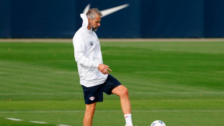 Leipzig’s German head coach Marco Rose plays the ball during a training session on the eve of the UEFA Champions League football match between RB Leipzig and Manchester City in Leipzig, on October 3, 2023/AFPPix