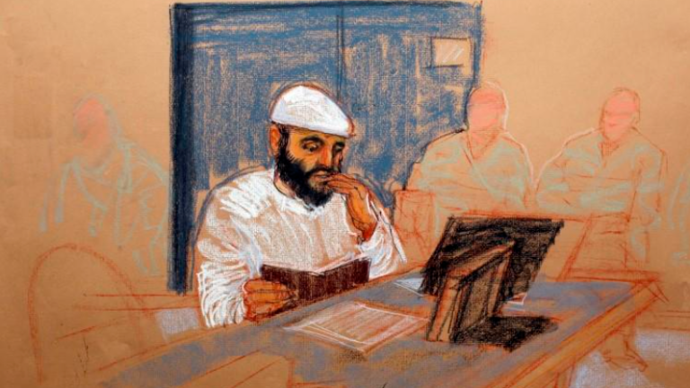 Yemeni Ramzi bin al Shibh appears at his arraignment as an accused 9/11 co-conspirator in this courtroom sketch reviewed and approved for release by a U.S. military security official, at Guantanamo Bay Navy Base, Cuba, May 5, 2012. REUTERSPIX