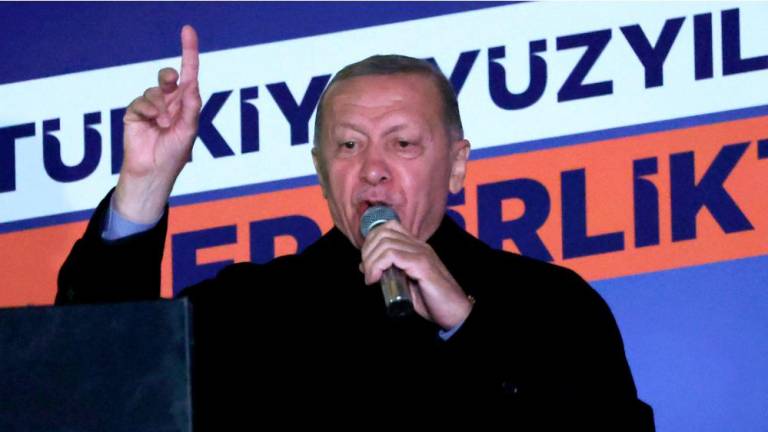 Turkish President Tayyip Erdogan addresses supporters at the AK Party headquarters after polls closed in Turkey’s presidental and parliamentary elections in Ankara, Turkey May 15, 2023. AFPPIX