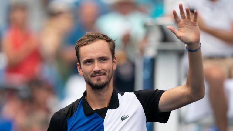 Aug 19, 2022; Cincinnati, OH, USA; Daniil Medvedev (RUS) celebrates winning his match against Taylor Fritz (USA) at the Western &amp; Southern Open at the Lindner Family Tennis Center. REUTERSPIX