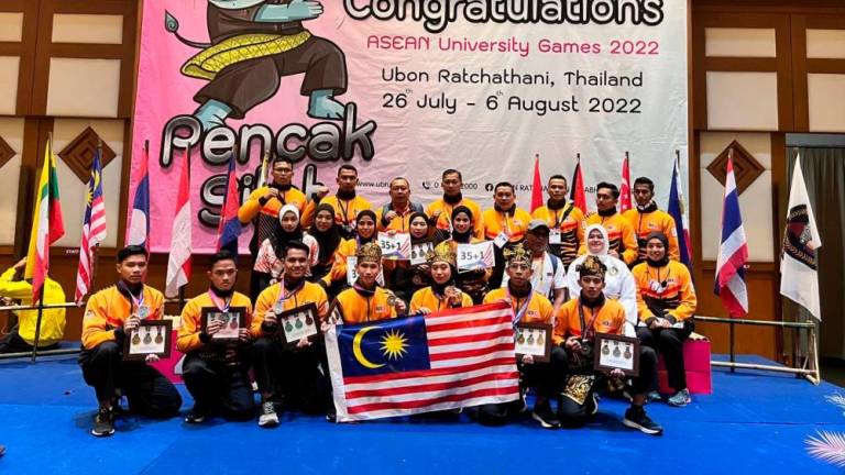 IPT Malaysian Silat Team under the supervision of Universiti Tun Hussein Onn Malaysia (UTHM) as the IPT Silat Center Sports Center that is competing at the Asean University Games (AUG) 2022, Ubon Ratchathani, Thailand. Credit: Facebook/Pusat Sukan Tumpuan Silat Kpt-Uthm