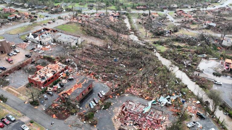 A view of destroyed buildings following the tornado in Little Rock, Arkansas, U.S., March 31, 2023 in this picture obtained from social media. - REUTERSPIX