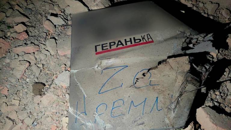 A view shows a part of a suicide drone Geran, which local authorities consider to be Iranian made unmanned aerial vehicle (UAV) Shahed-131/136, shot down during a Russian overnight strike, amid Russia's attack on Ukraine, in Odesa, Ukraine May 4, 2023. The inscription on the part reads: 'For Kremlin'. - REUTERSPIX