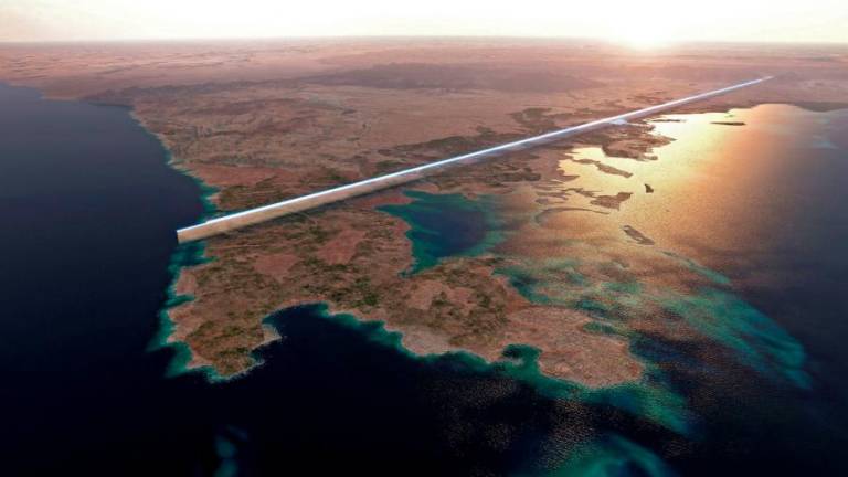 (FILES) This file handout photo provided by Saudi Arabia's NEOM on July 26, 2022 shows the design plan for the 500-metre tall parallel structures, known collectively as The Line, in the heart of the Red Sea megacity NEOM. - AFPPIX