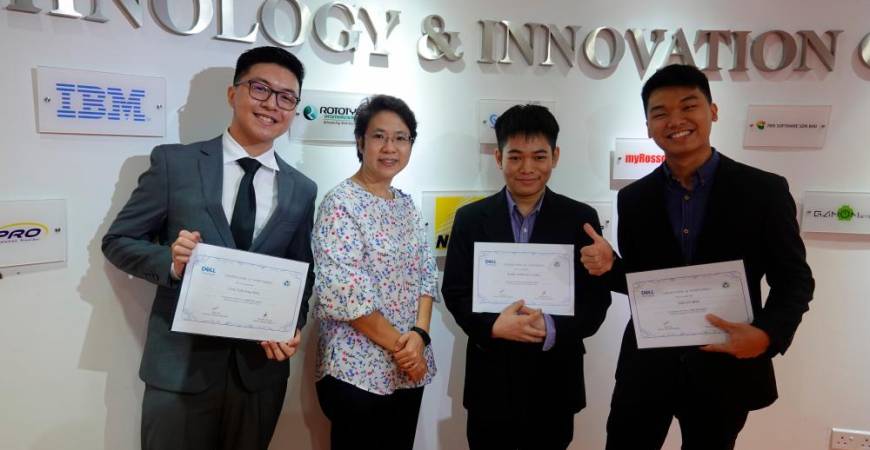 Winners of the Dell Hack-to-Hire competition ... BIT (Hons) Data Analytics programme leader Ng Shu Min (second from left) with three of the students (from left) Jacky Voon Teck Seng, Karl Choo Jia Long and Tan Zy Hnn.