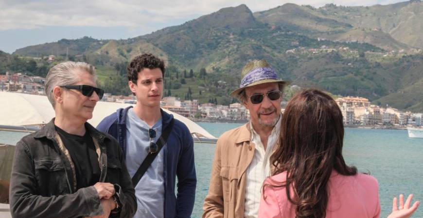 (from left) Michael Imperioli, Adam DiMarco and F. Murray Abraham play three generations of the Di Grasso family, in Sicily to rediscover their roots. – HBO Go