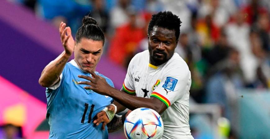 Uruguay’s forward #11 Darwin Nunez (L) fights for the ball with Ghana’s defender #18 Daniel Amartey (R) during the Qatar 2022 World Cup Group H football match between Ghana and Uruguay at the Al-Janoub Stadium in Al-Wakrah, south of Doha on December 2, 2022/AFPPix