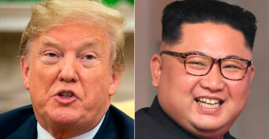 (FILES) This combination of file pictures shows US President Donald Trump speaking to the press in the Oval Office at the White House in Washington on June 27, 2018, and North Korea’s leader Kim Jong Un (R) at the start of the historic US-North Korea summit, at the Capella Hotel on Sentosa island in Singapore on June 12, 2018. K / AFP / Nicholas KAMM AND Saul LOEB