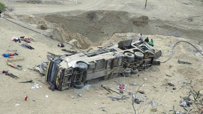 EDITORS NOTE: Graphic content / TOPSHOT - This handout picture released by GP Canal news agency shows a bus accident in the Peruvian region of Piura, north of Lima, on January 28, 2023. - AFPPIX