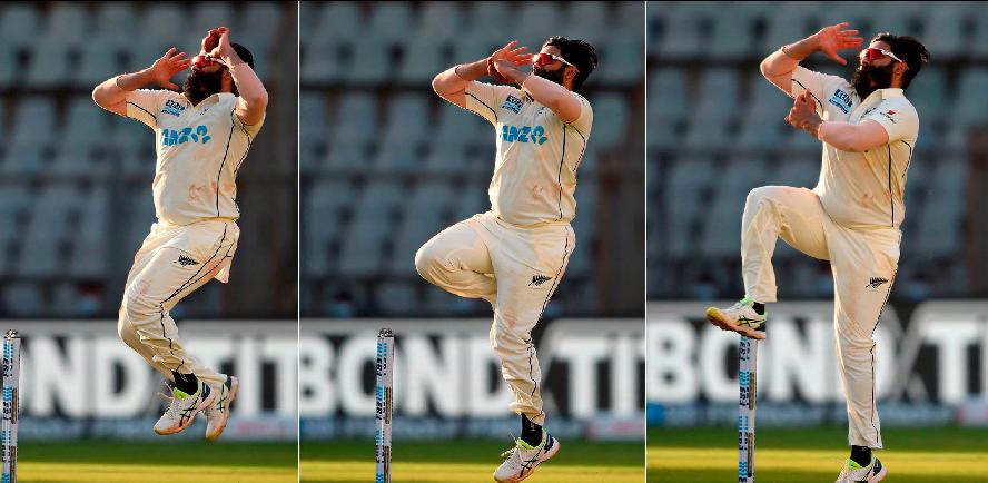This combination of pictures shows New Zealand’s Ajaz Patel bowling on the second day of the second Test cricket match against India at the Wankhede Stadium in Mumbai. – AFPPIX
