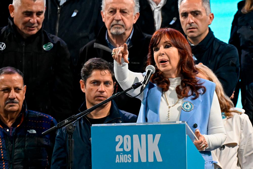 Argentine Vice President Cristina Fernandez de Kirchner speaks to her supporters in Plaza de Mayo during an event to commemorate the 20th anniversary of Nestor Kirchner’s inauguration and the 213th anniversary of the May Revolution in Buenos Aires, on May 25, 2023/AFPPix