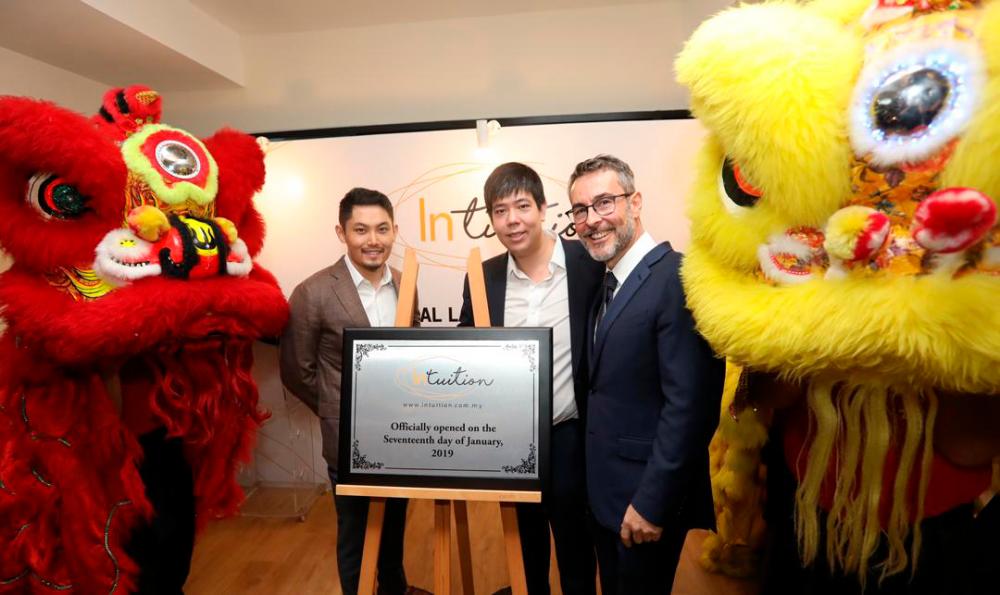 (L-R) INtuition investors Morvin Tan, Ta Wee Dher and INtuition CEO Steven Shorthose during the launch of INtuition at Mont Kiara, Kuala Lumpur on Jan 17, 2019.— Sunpix by Norman Hiu