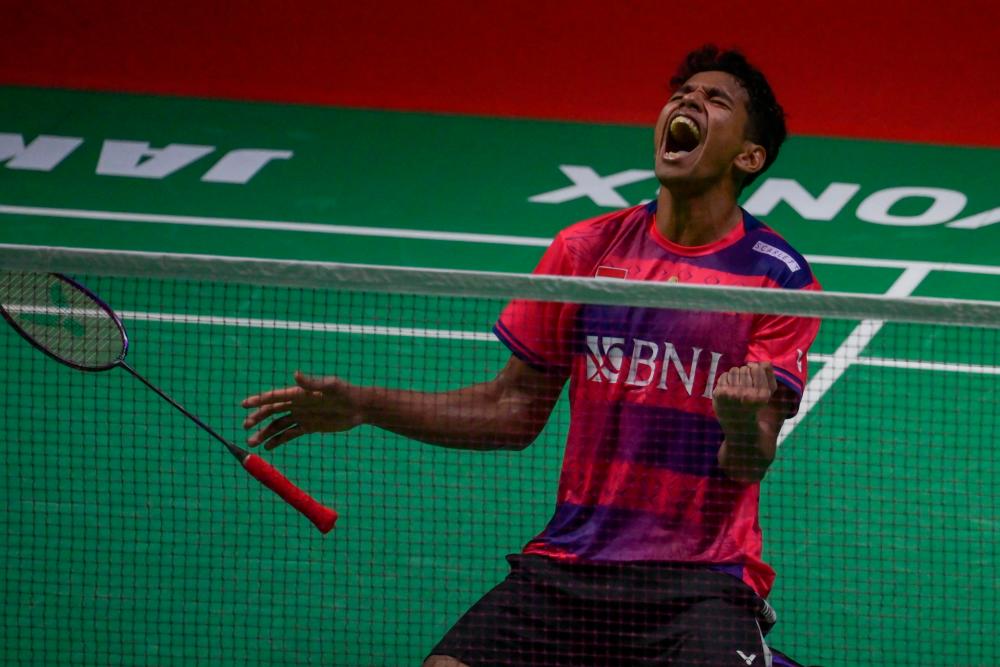 Indonesia’s Chico Aura Dwi Wardoyo reacts as he won against Canada’s Brian Yang during their men’s singles quarterfinal match of the Daihatsu Indonesia Masters 2023 in Jakarta on January 27, 2023. AFPPIX