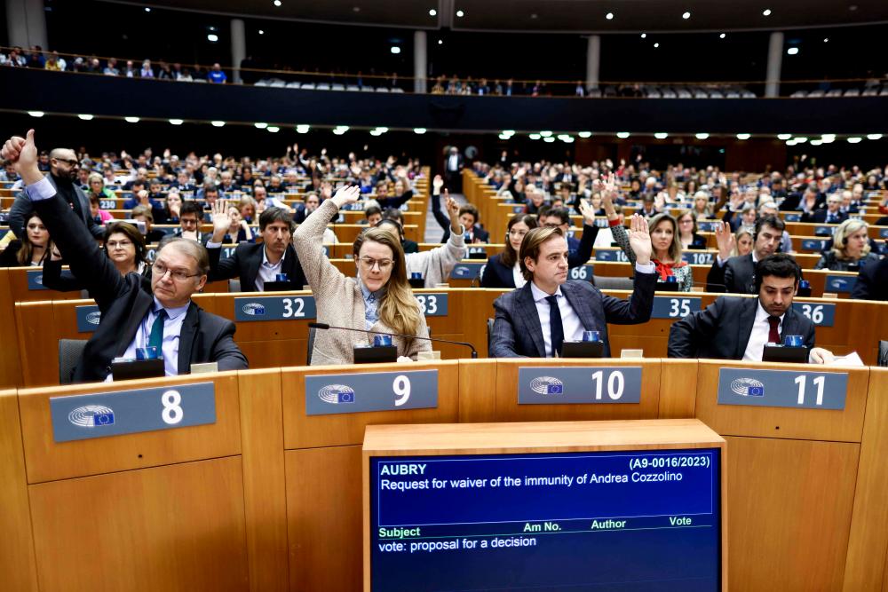 Euro-deputies vote a request for waiver of the immunity of MEPs Marc Tarabella of Belgium and Italian Andrea Cozzolino as part of a probe into alleged bribery by Qatar and Morocco during a session at EU Parliament in Brussels on February 2, 2023. AFPPIX