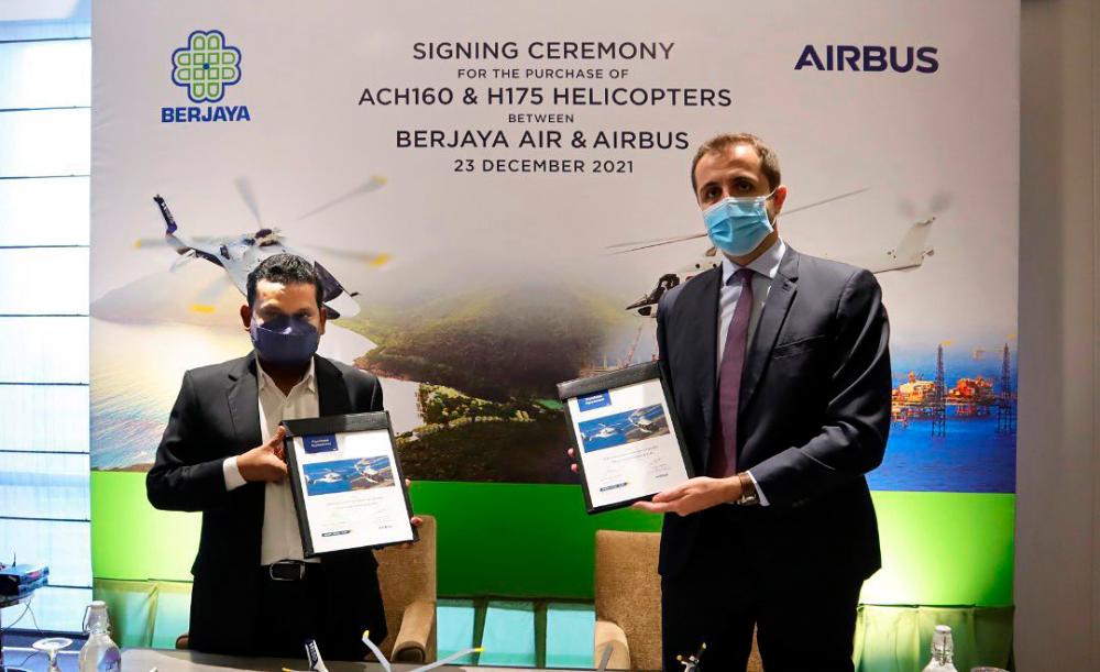 The agreement signing ceremony held at Berjaya Times Square Hotel was between Syed Ali Shahul Hameed, CEO of Berjaya Land Berhad and Laurent Cabrol, Head of Sales of Airbus Helicopters Malaysia. Pix taken from Berjaya Air Facebook account.