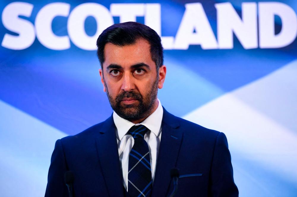 Newly appointed leader of the Scottish National Party (SNP), Humza Yousaf speaks following the SNP Leadership election result announcement at Murrayfield Stadium in Edinburgh on March 27, 2023. AFPPIX