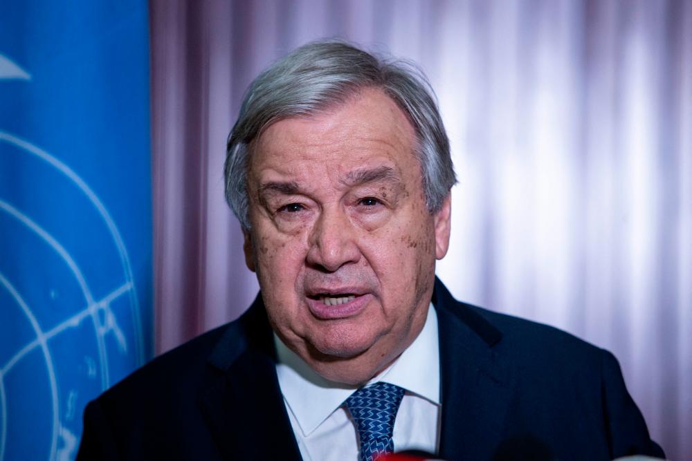 UN Secretary-General Antonio Guterres speaks to media after a meeting with Burindi’s President Evariste Ndayishimiye (not seen) at the Statehouse in Bujumbura on May 5, 2023. AFPPIX