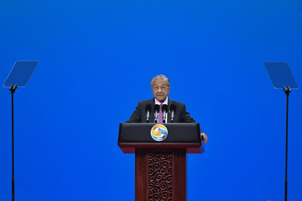 Prime Minister Tun Dr Mahathir Mohamad deliveres a speech during the opening ceremony the Second Belt and Road Forum for International Cooperation at the National Convention Centre of China, on April 26, 2019. — Bernama