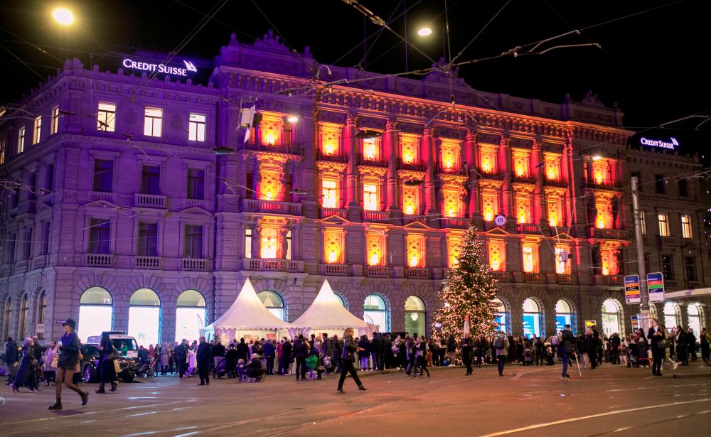 Christmas illuminations are seen at the headquarters of Credit Suisse in Zurich on Thursday. – Reuterspic