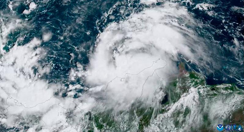This handout satellite image provided by CIRA/CSU &amp; NOAA on October 8, 2022 and captured at 14:30 UTC on October 7 shows Tropical Storm Julia off the Guajira Peninsula in Colombia. Central America and Colombia were on alert on October 8 as Tropical Storm Julia churned in the southern Caribbean basin, likely to strengthen into a hurricane before hitting Nicaragua, authorities said. - AFPPIX