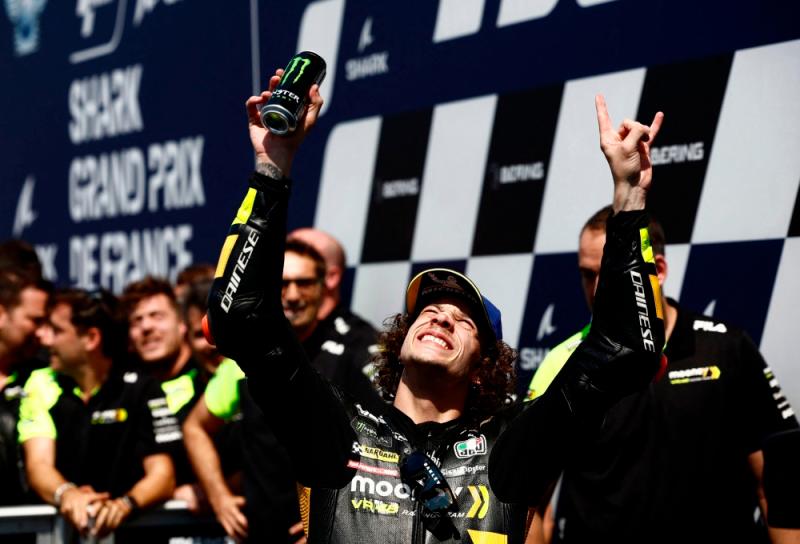 Mooney VR46 Racing Team’s Marco Bezzecchi celebrates after winning the MotoGP race at the Bugatti Circuit, Le Mans, France//Reuterspix