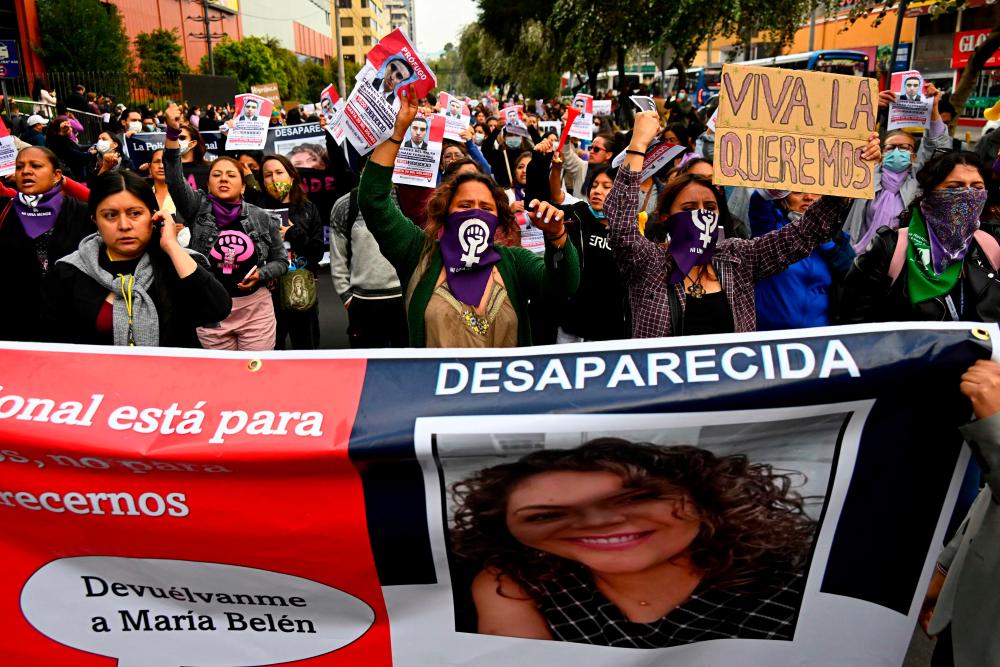 Relatives of the murdered lawyer María Belén Bernal, friends and feminist groups hold a demonstration after the announcement of the appearance of Bernal’s body, in downtown Quito, on September 21, 2022/AFPPix